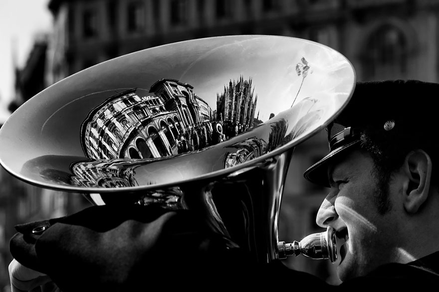 Milan reflected in a tuba by diego bardone
